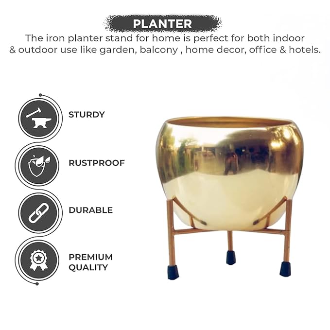 Apple Shape Golden Glossy Metallic Indoor Pot with Stand - Image 5