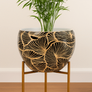 Decorative Apple Shape Metal Planter with Stand – Black &White Leaf Pattern