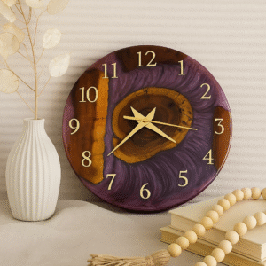 Handcrafted Epoxy Resin Wall Clock with Natural Wood Finish – 12 Inch