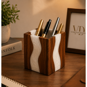 Epoxy/Resin with Natural wood Pen Stand (9 cm by 9 cm by 12 cm)