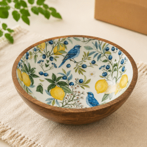 Natural Solid Mango Wood Printed Bowl (6", Medium)