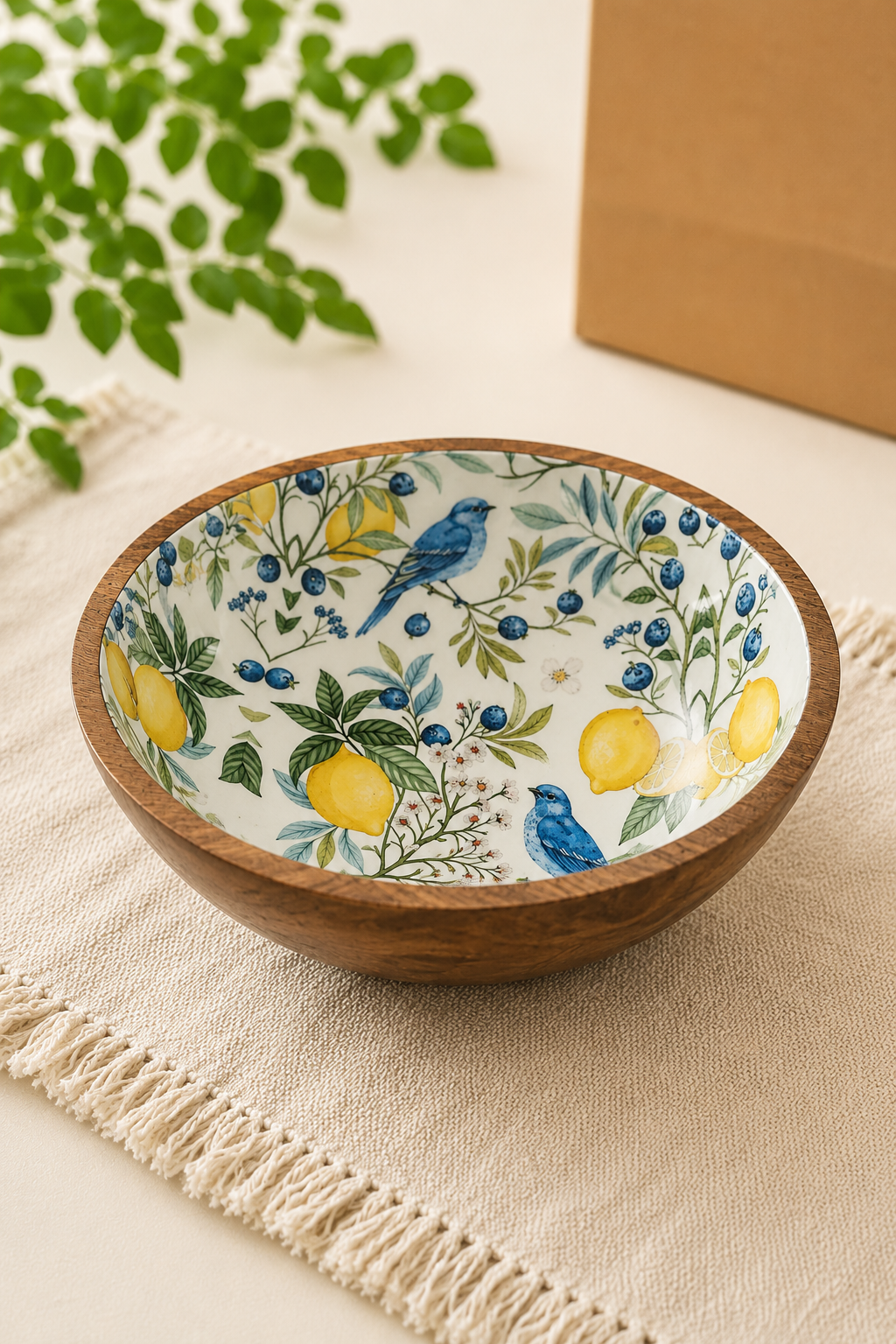 Natural Solid Mango Wood Printed Bowl (6", Medium)