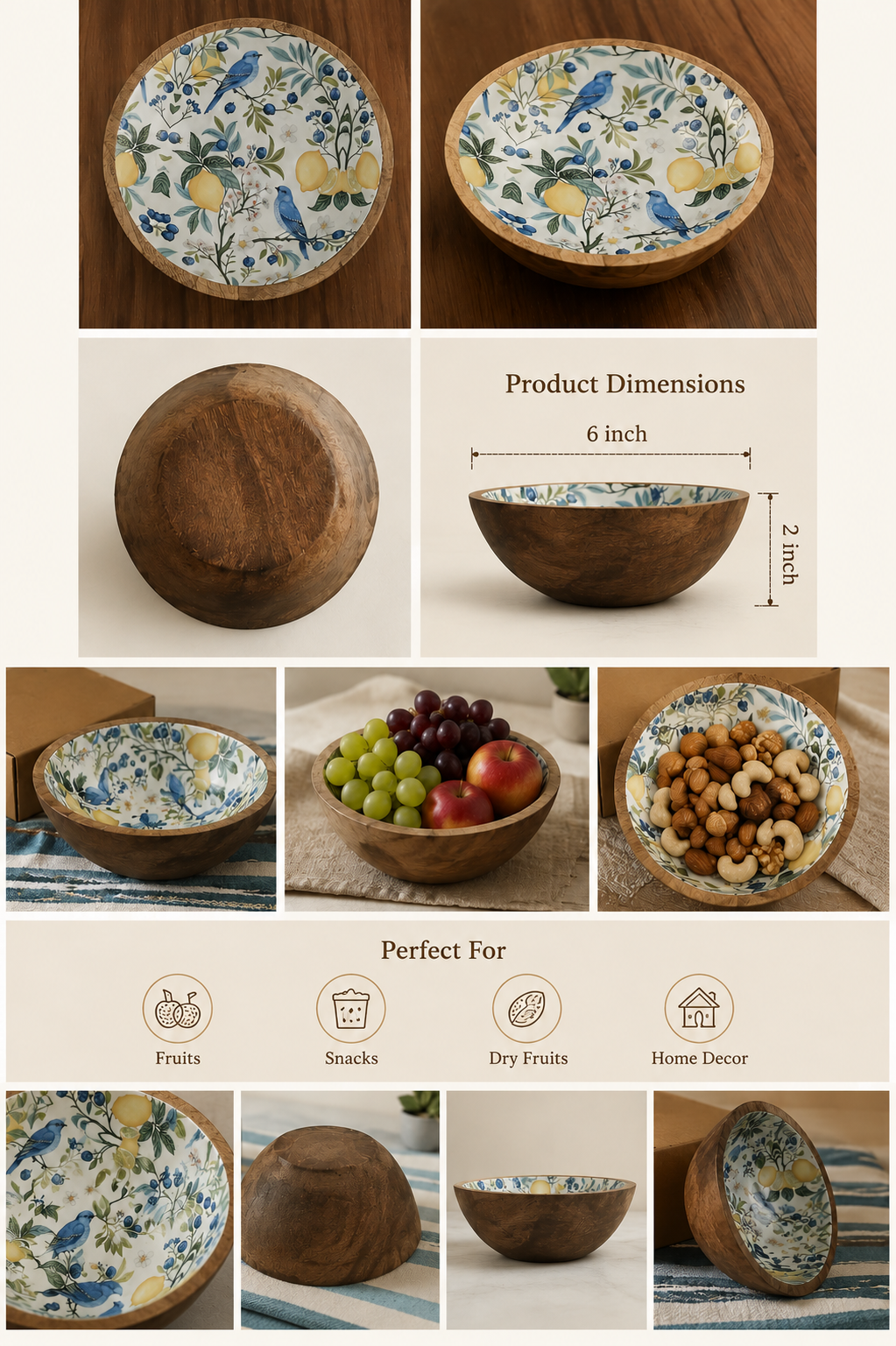 Natural Solid Mango Wood Printed Bowl (6", Medium) - Image 3