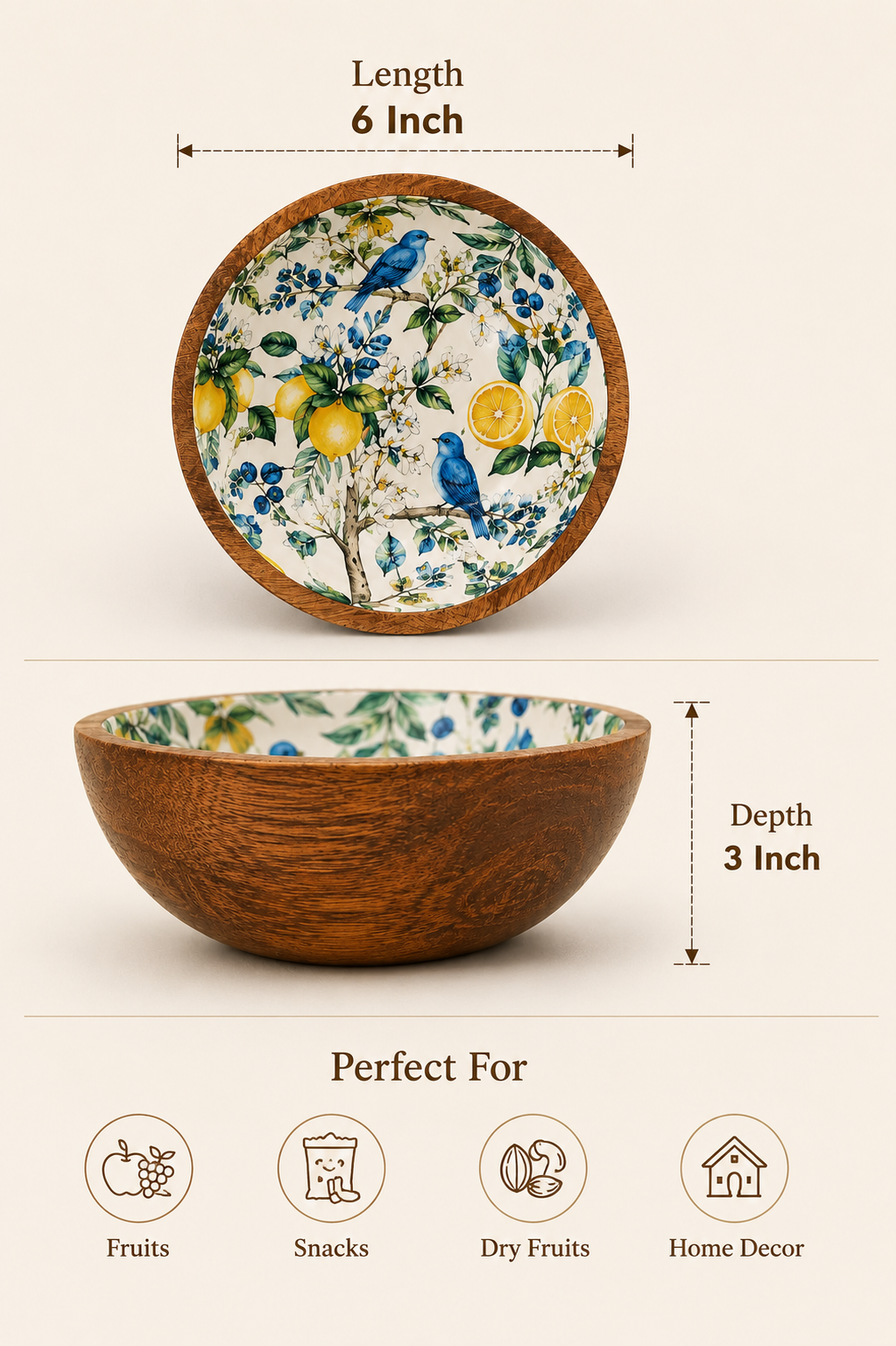 Natural Solid Mango Wood Printed Bowl (6", Medium) - Image 8