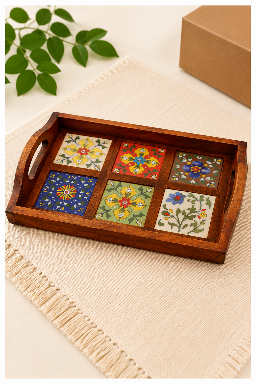 Wooden Blue Pottery Tray Set of 3 - Image 6