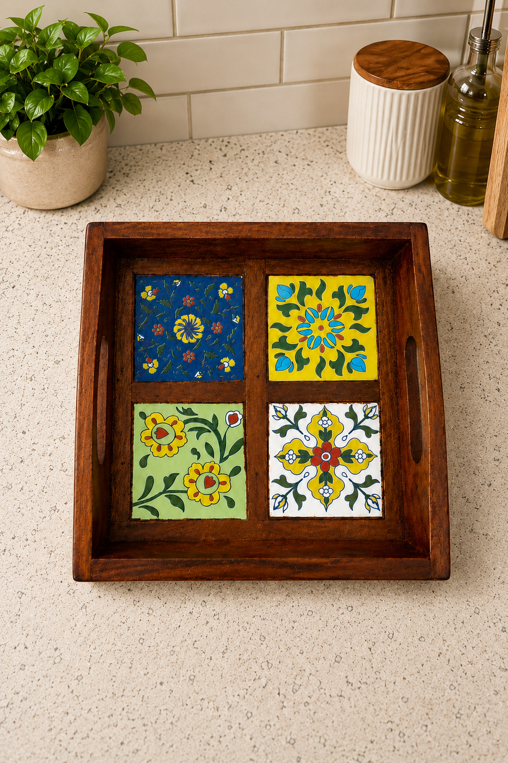 Wooden Blue Pottery Tray Set of 3 - Image 5