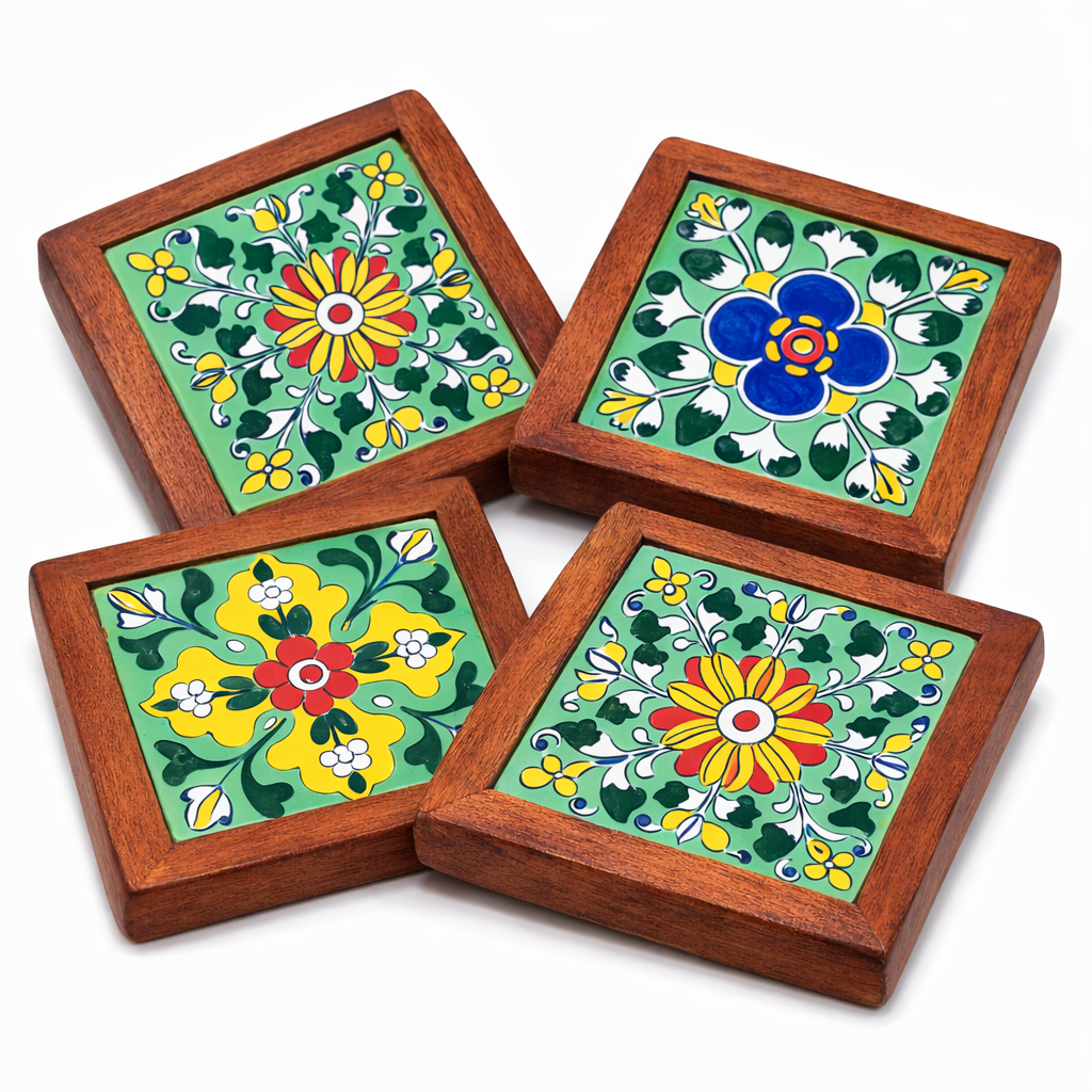Solid Wood Blue Pottery Tile Coaster with Holder (Set of 4) - Image 3