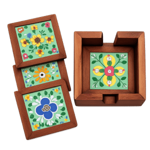 Solid Wood Blue Pottery Tile Coaster with Holder (Set of 4)