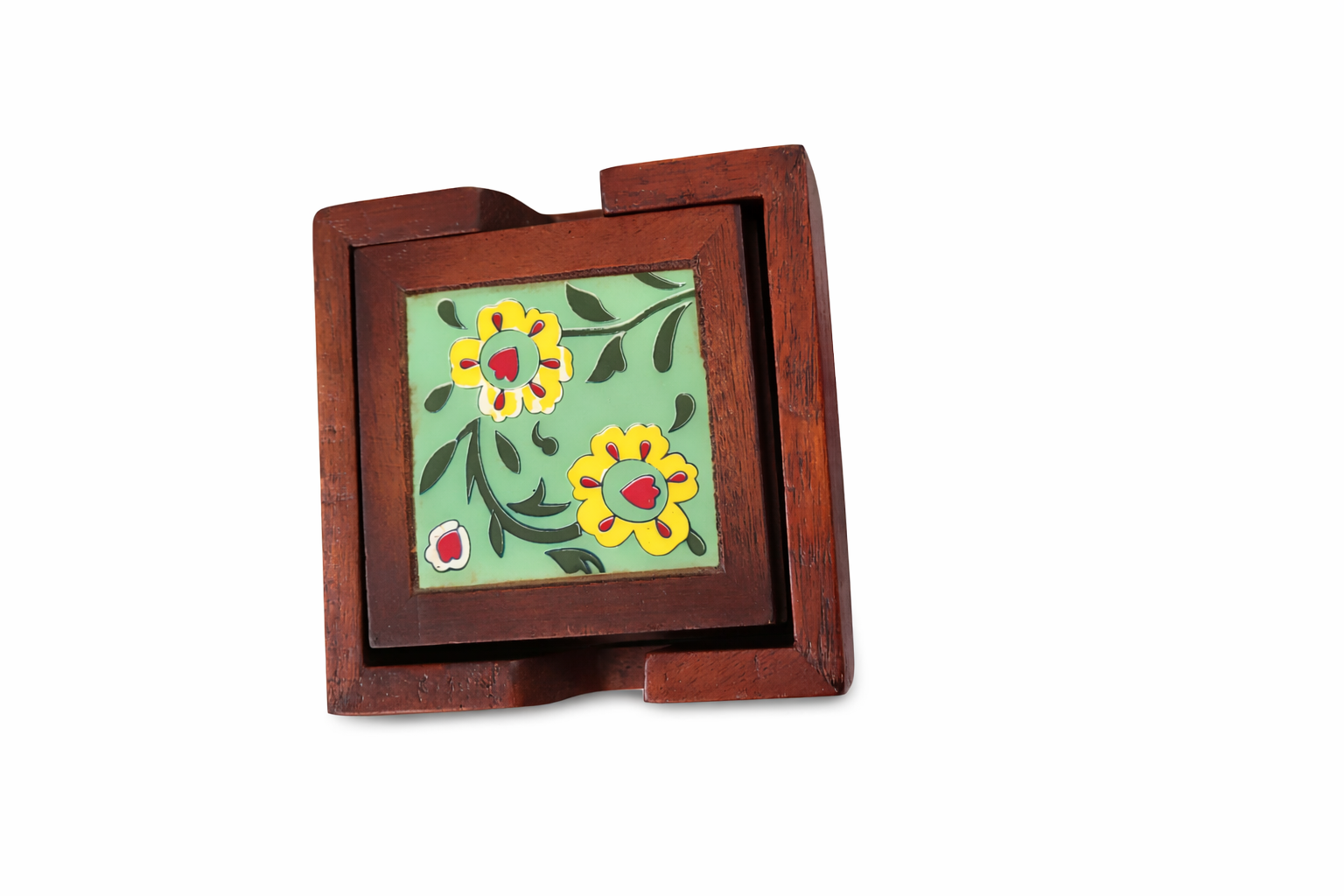 Solid Wood Blue Pottery Tile Coaster with Holder (Set of 4) - Image 5