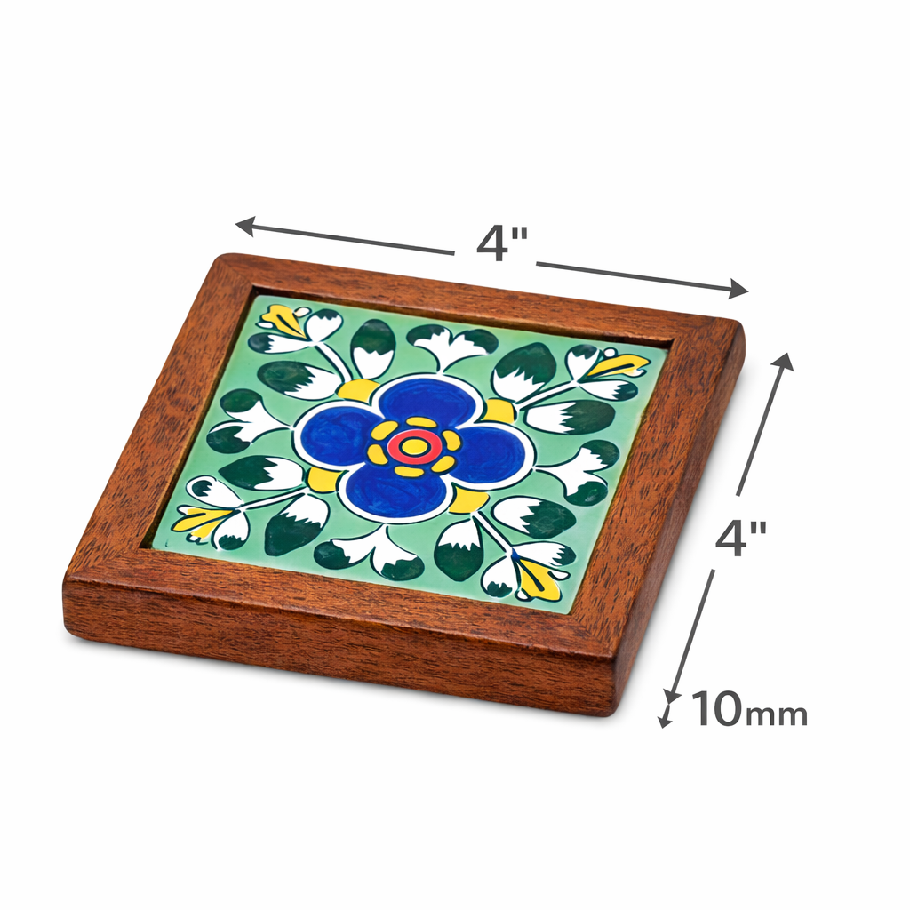 Solid Wood Blue Pottery Tile Coaster with Holder (Set of 4) - Image 6