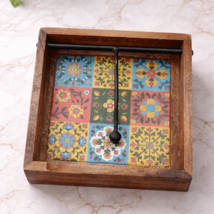 Wooden Tissue Holder with Blue pottery base & Black Metal press.