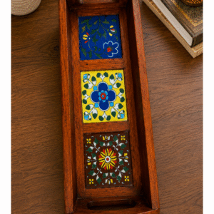Wooden Blue Pottery Serving Tray, 3 Tile Tray
