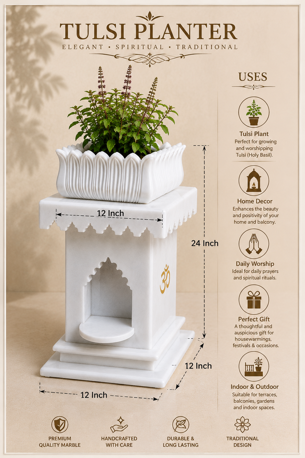 Handcrafted White Makrana Marble Tulsi Planter/Vrindavan | 12 x 12 x 24 Inch - Image 4