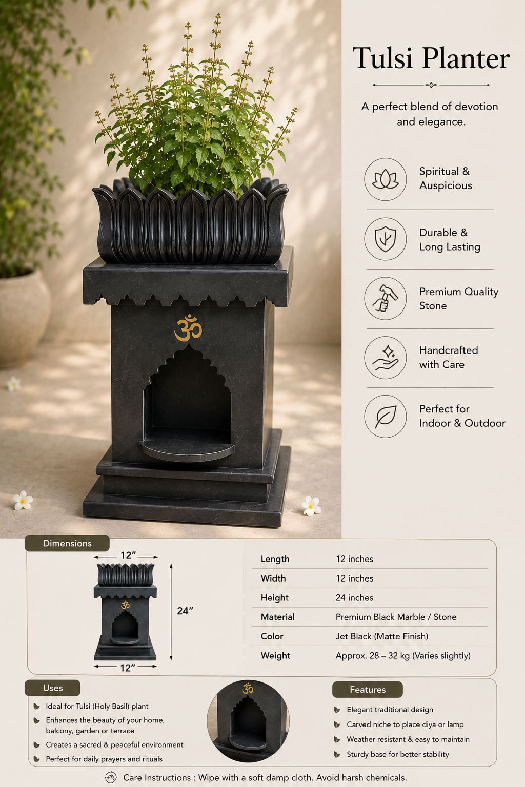 Handcrafted Black Marble Tulsi Planter/Vrindavan | 12 x 12 x 24 Inch - Image 4