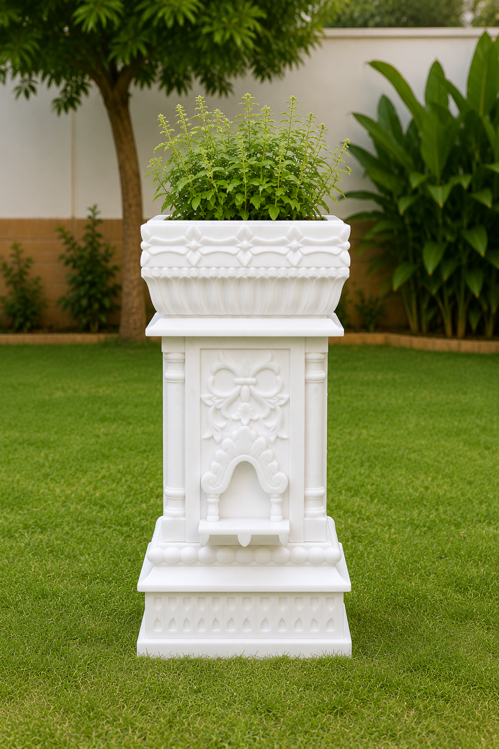 Handcrafted White Makrana Marble Tulsi Planter/Vrindavan | 18 x 18 x 36 Inch - Image 3