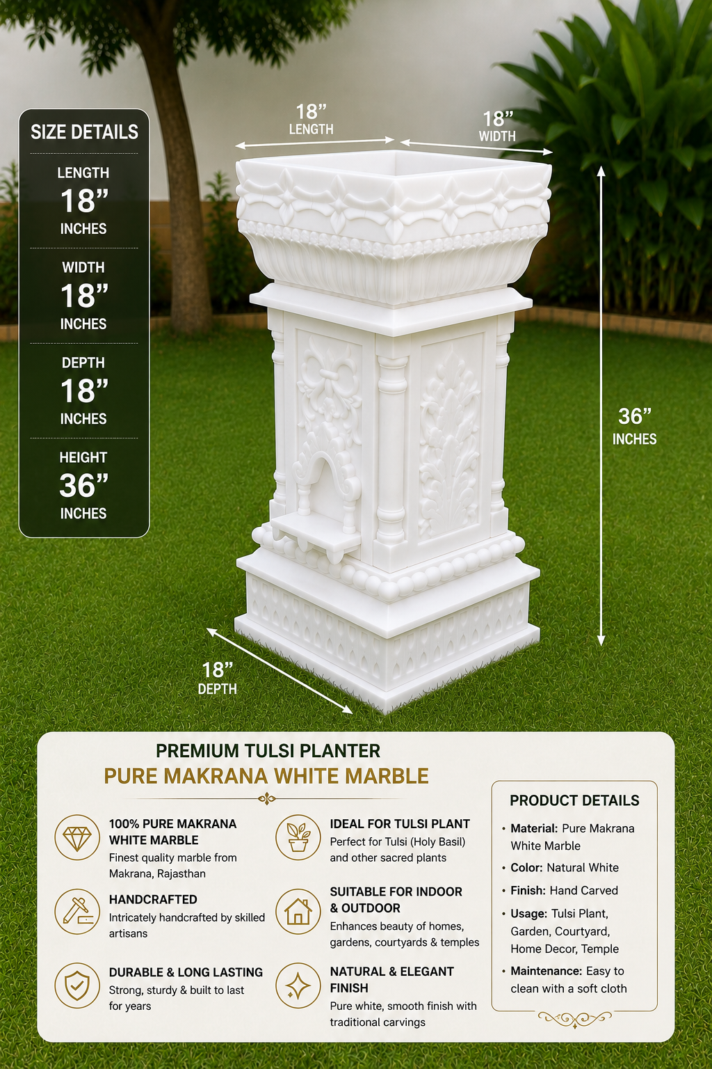 Handcrafted White Makrana Marble Tulsi Planter/Vrindavan | 18 x 18 x 36 Inch - Image 6