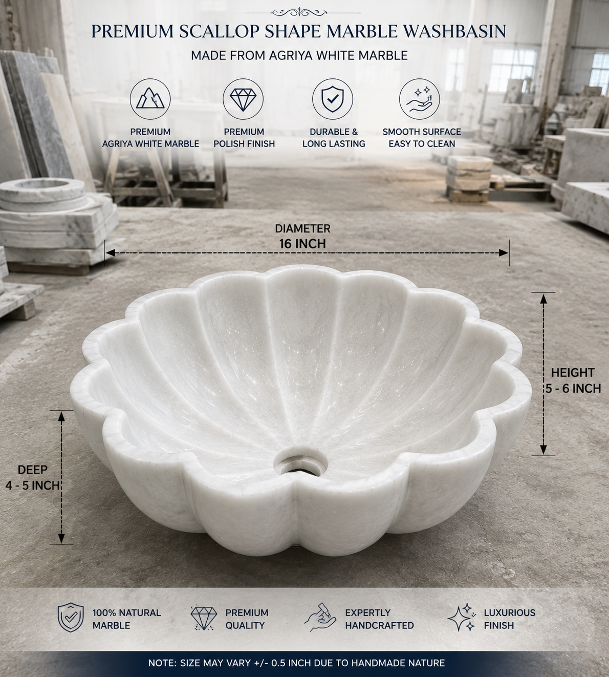 White Marble Washbasin 16" - Image 6