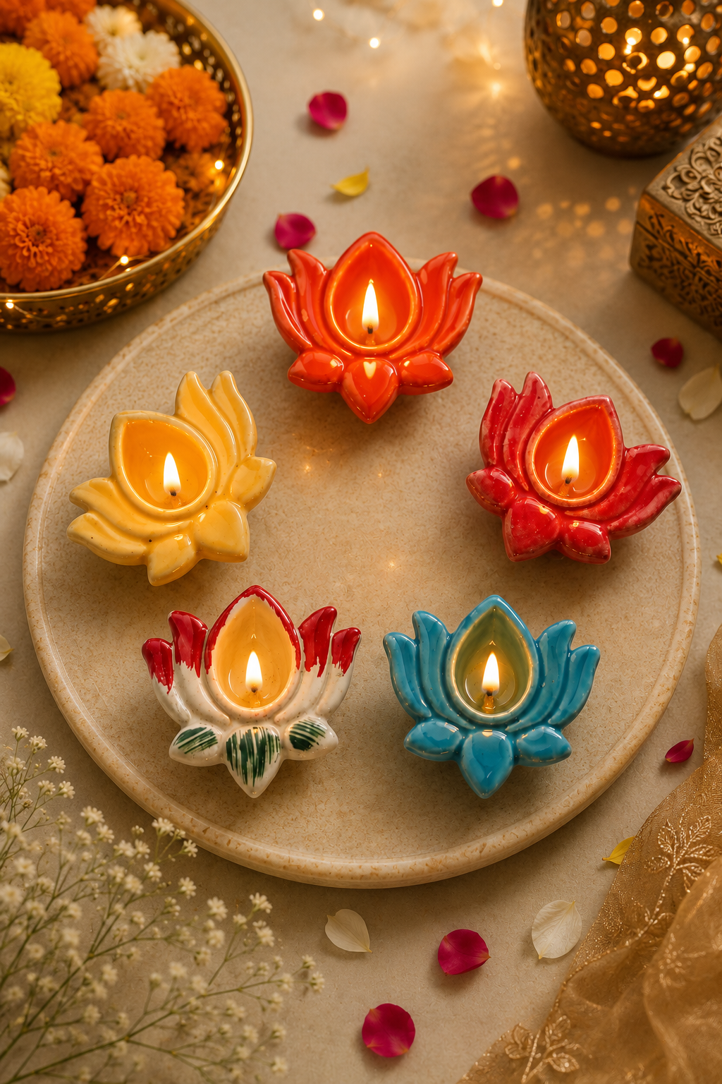 Handcrafted Ceramic Lotus Diya/Deepak Set of 5 - Image 3