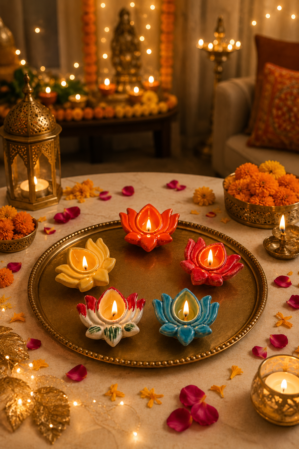 Handcrafted Ceramic Lotus Diya/Deepak Set of 5 - Image 4