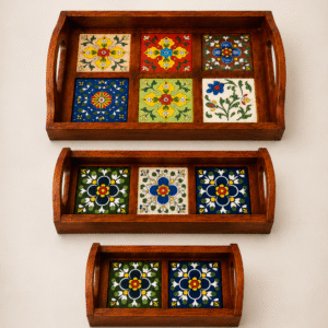 Wooden Blue Pottery Tray Set of 3