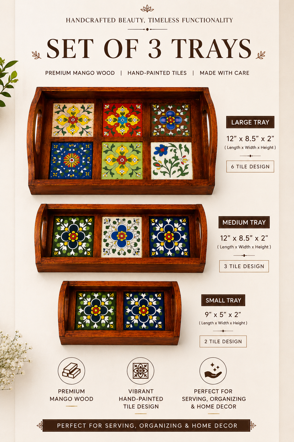 Wooden Blue Pottery Tray Set of 3 - Image 3