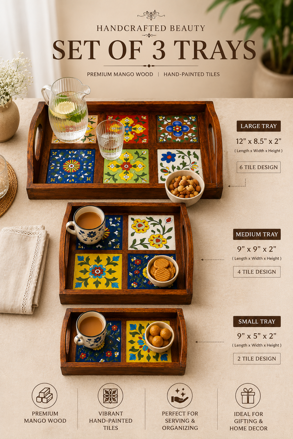 Wooden Blue Pottery Tray Set of 3 - Image 3