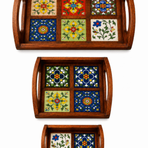 Wooden Blue Pottery Tray Set of 3