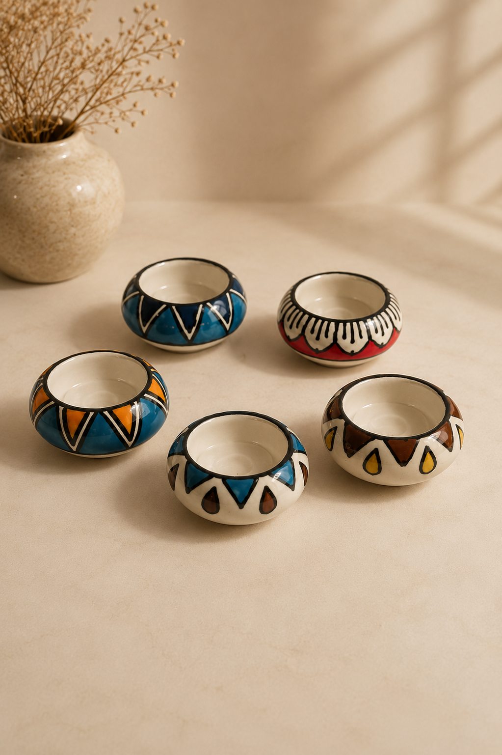 Handcrafted Ceramic Candle holder with Tea light candle Set of 5 - Image 3