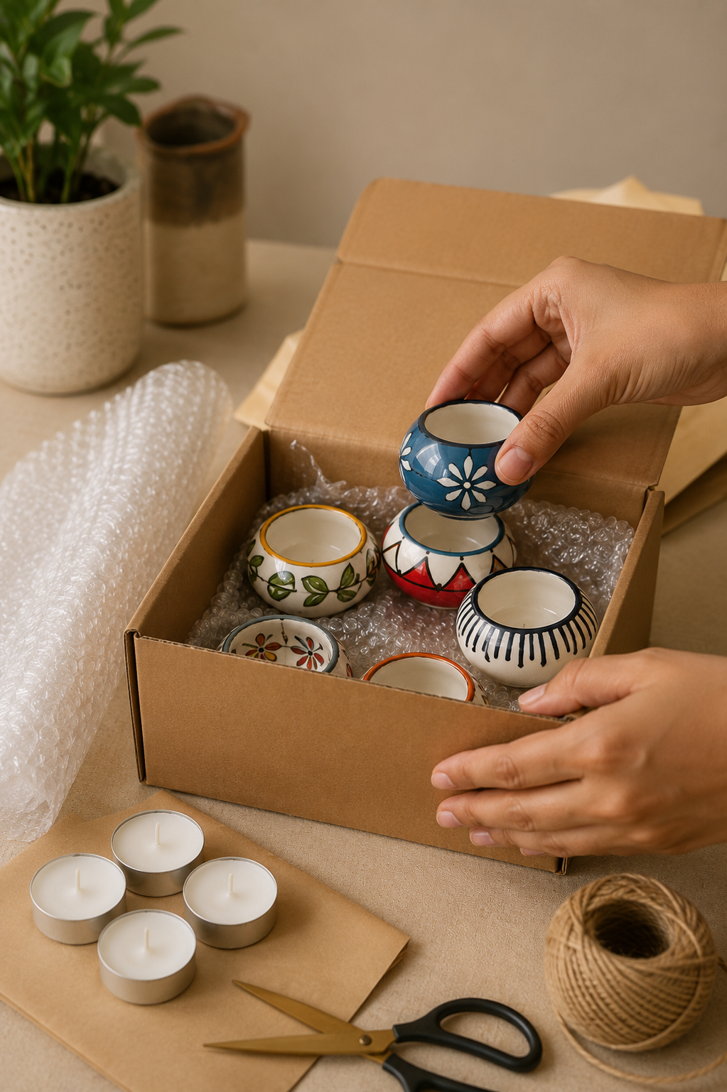 Handcrafted Ceramic Candle holder with Tea light candle Set of 5 - Image 4