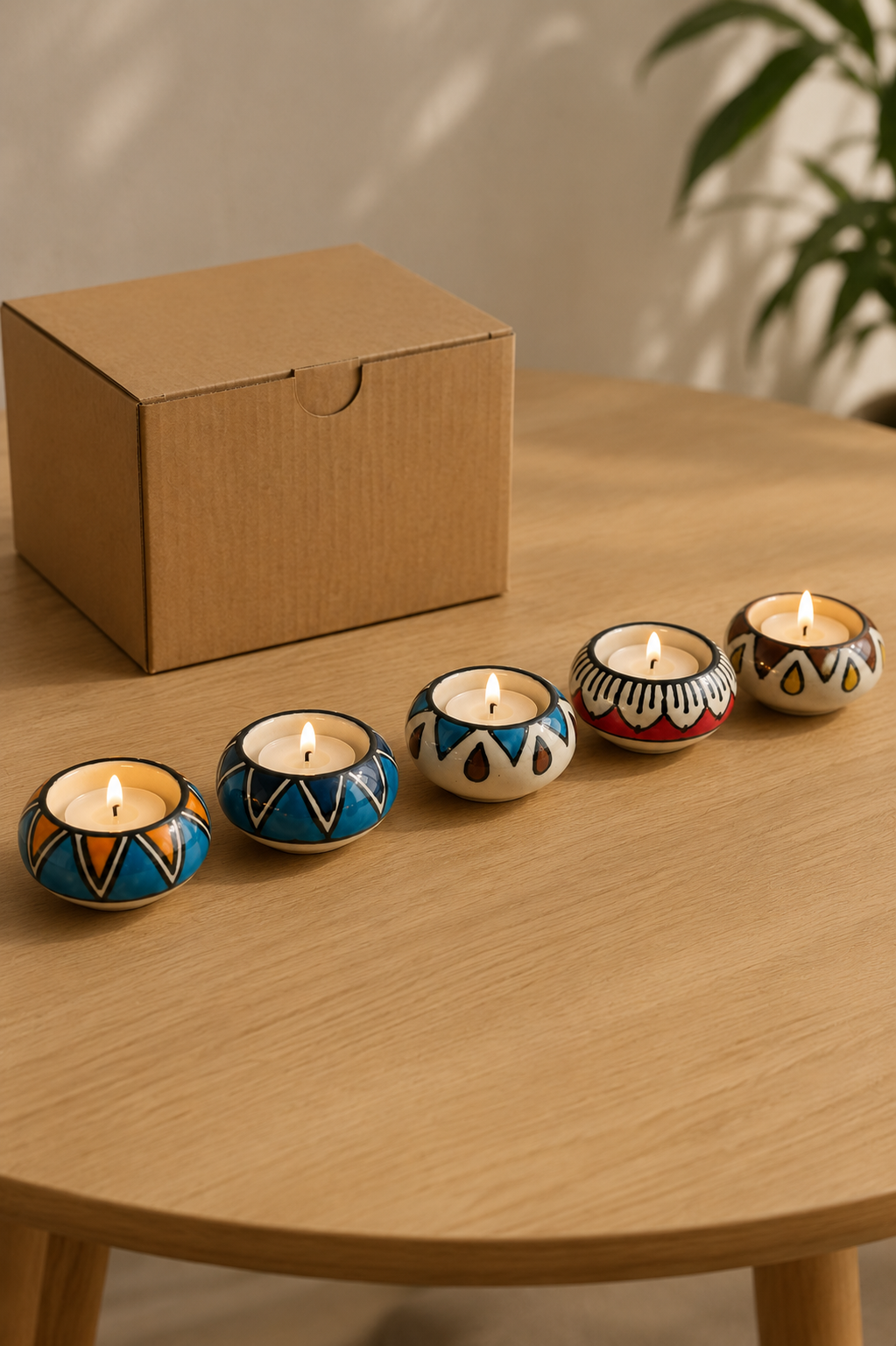Handcrafted Ceramic Candle holder with Tea light candle Set of 5 - Image 5