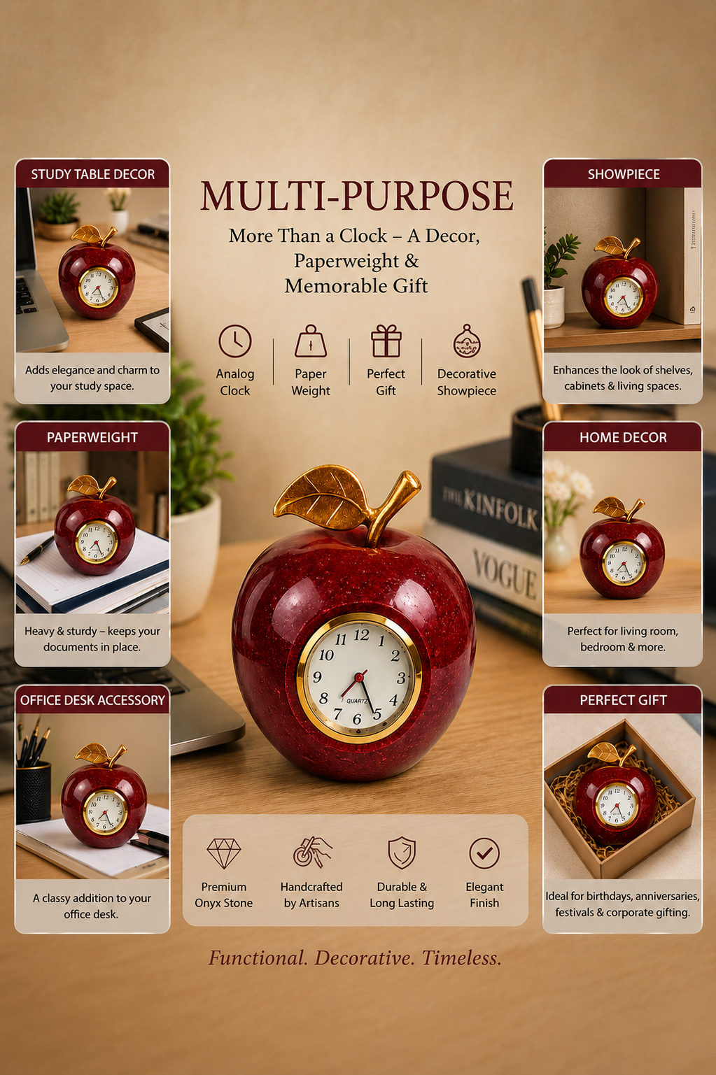 Natural Onyx Stone Polished Apple Clock | Decorative Piece | Paperweight - Image 4