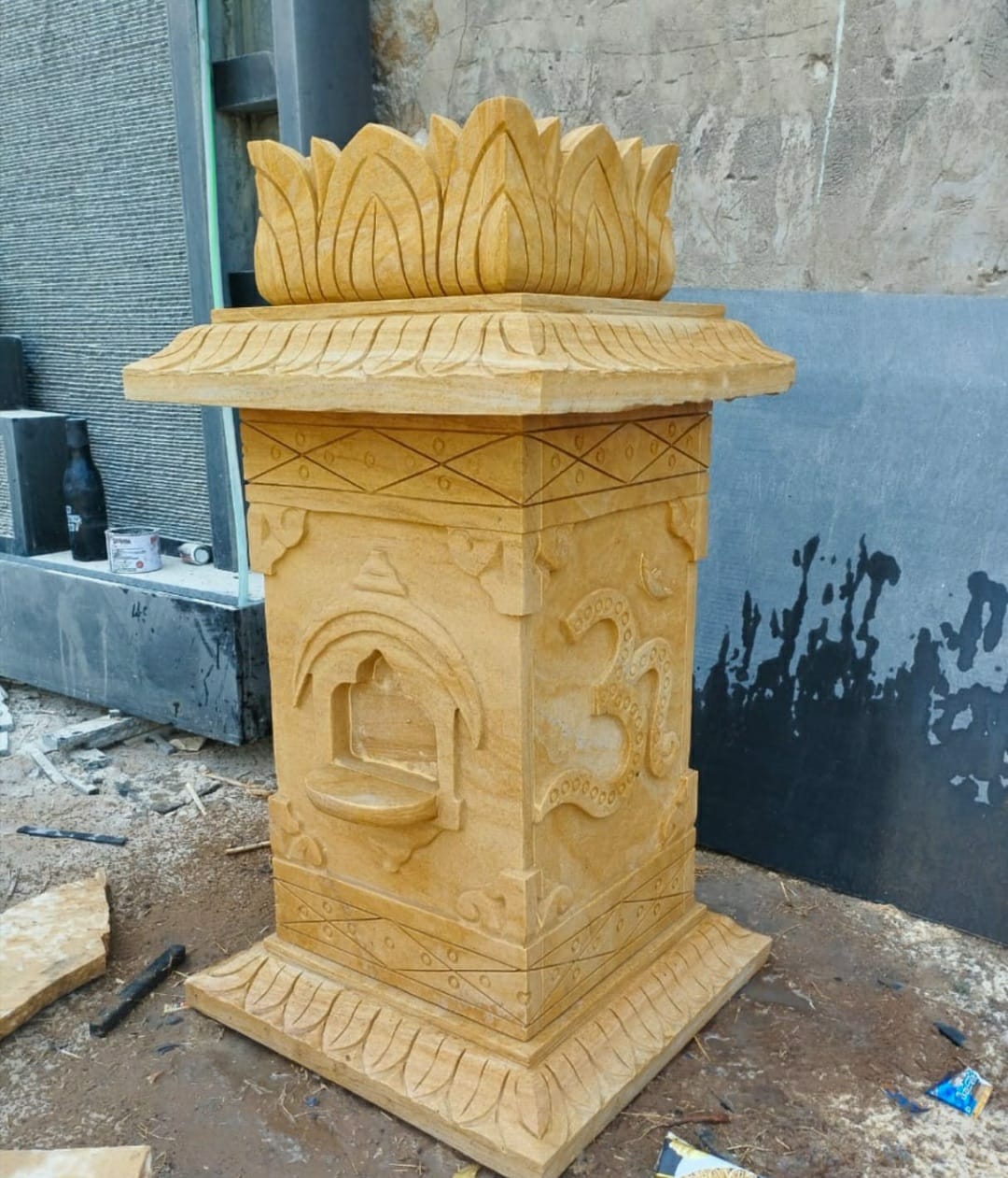 Handcrafted Yellow Sandstone Tulsi Planter/Vrindavan | 18 x 18 x 36 Inch - Image 3