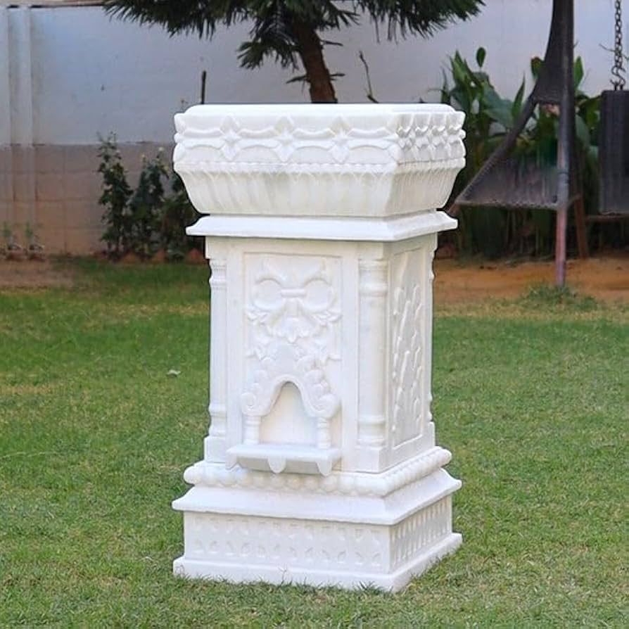 Handcrafted White Makrana Marble Tulsi Planter/Vrindavan | 18 x 18 x 36 Inch - Image 4