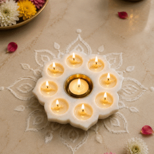 White Marble Lotus Tealight & Diya Bati Holder 6"