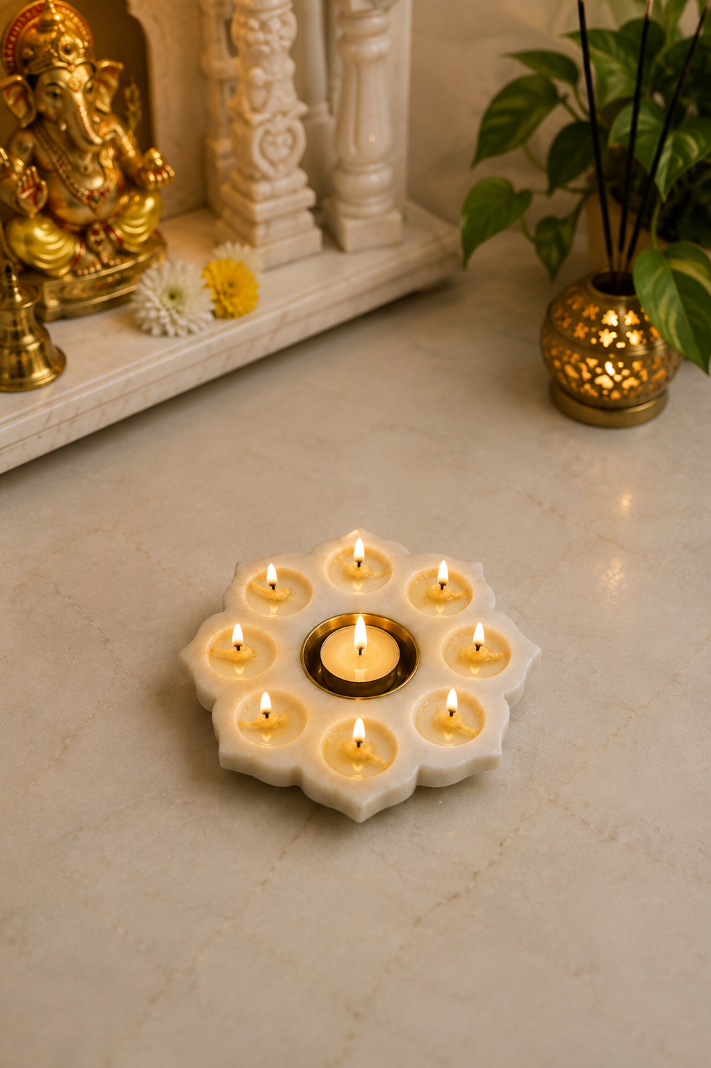 White Marble Lotus Tealight & Diya Bati Holder 6" - Image 3
