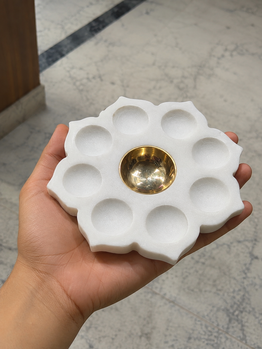 White Marble Lotus Tealight & Diya Bati Holder 6" - Image 5